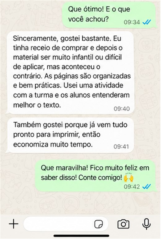 Conversa de WhatsApp: professora conta que tinha receio do material ser infantil e que aconteceu o contrário