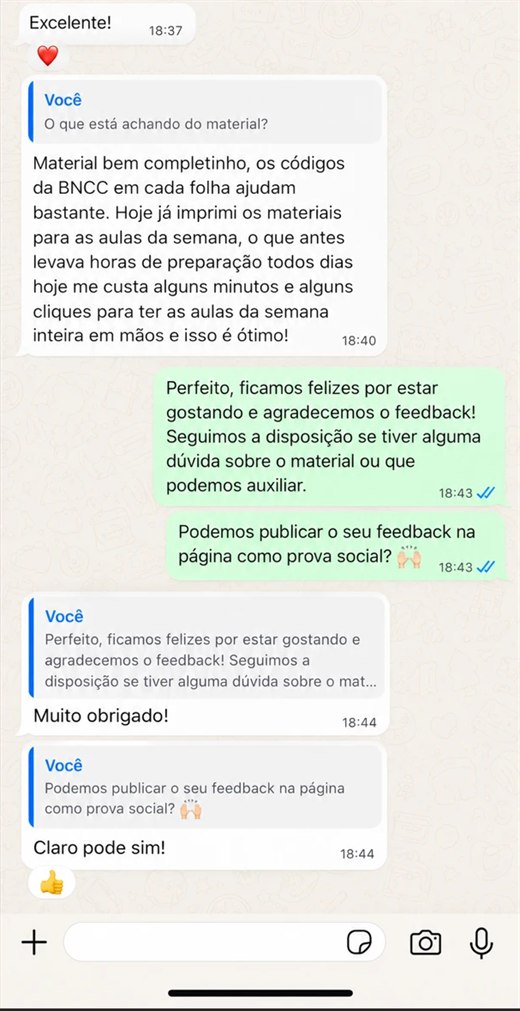 Conversa de WhatsApp: professor conta que os códigos da BNCC em cada folha ajudam e que o preparo da semana passou de horas para minutos