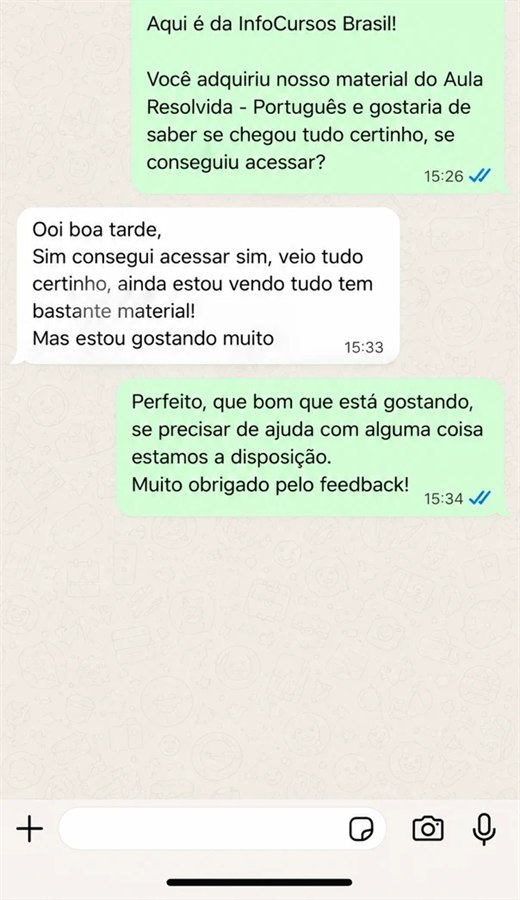 Conversa de WhatsApp: professora confirma que recebeu o acesso e que tem bastante material