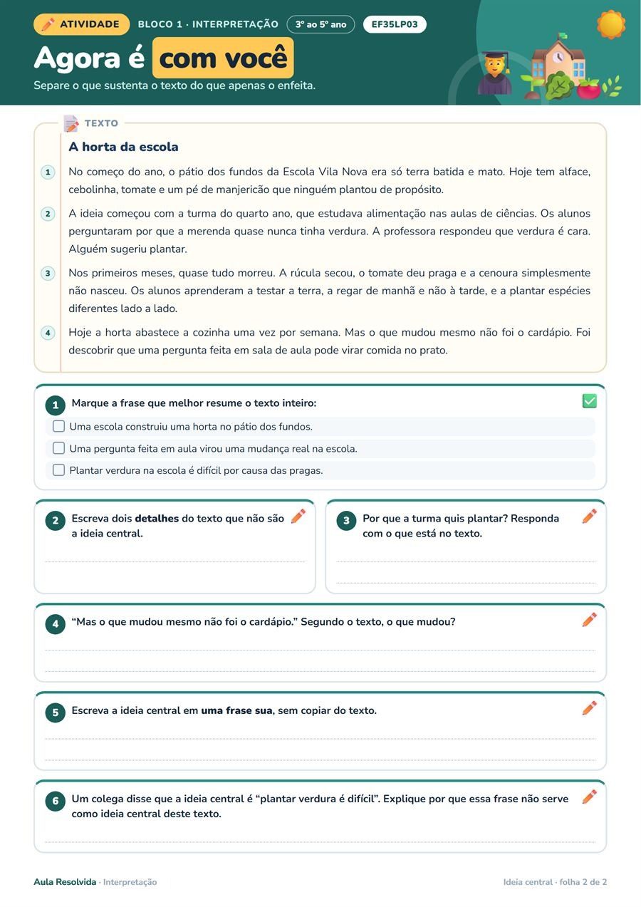 Ideia central — a folha de atividade