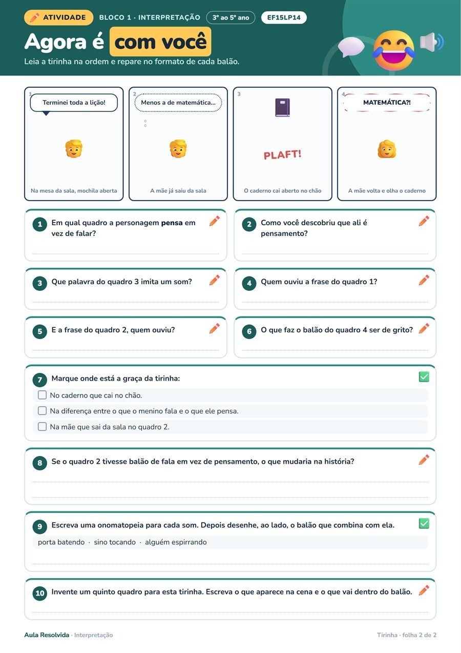 Tirinha e quadrinhos — a folha de atividade