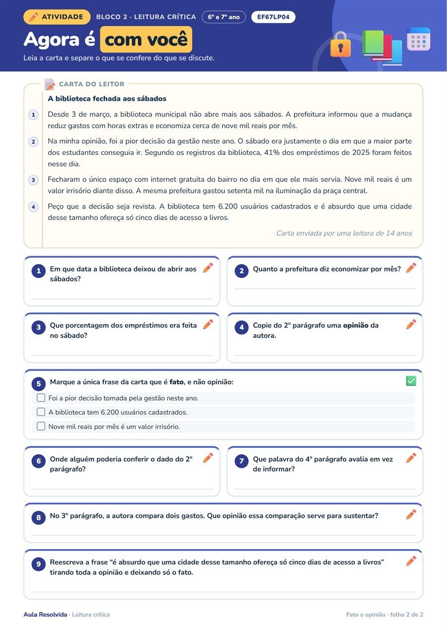 Fato e opinião — a folha de atividade